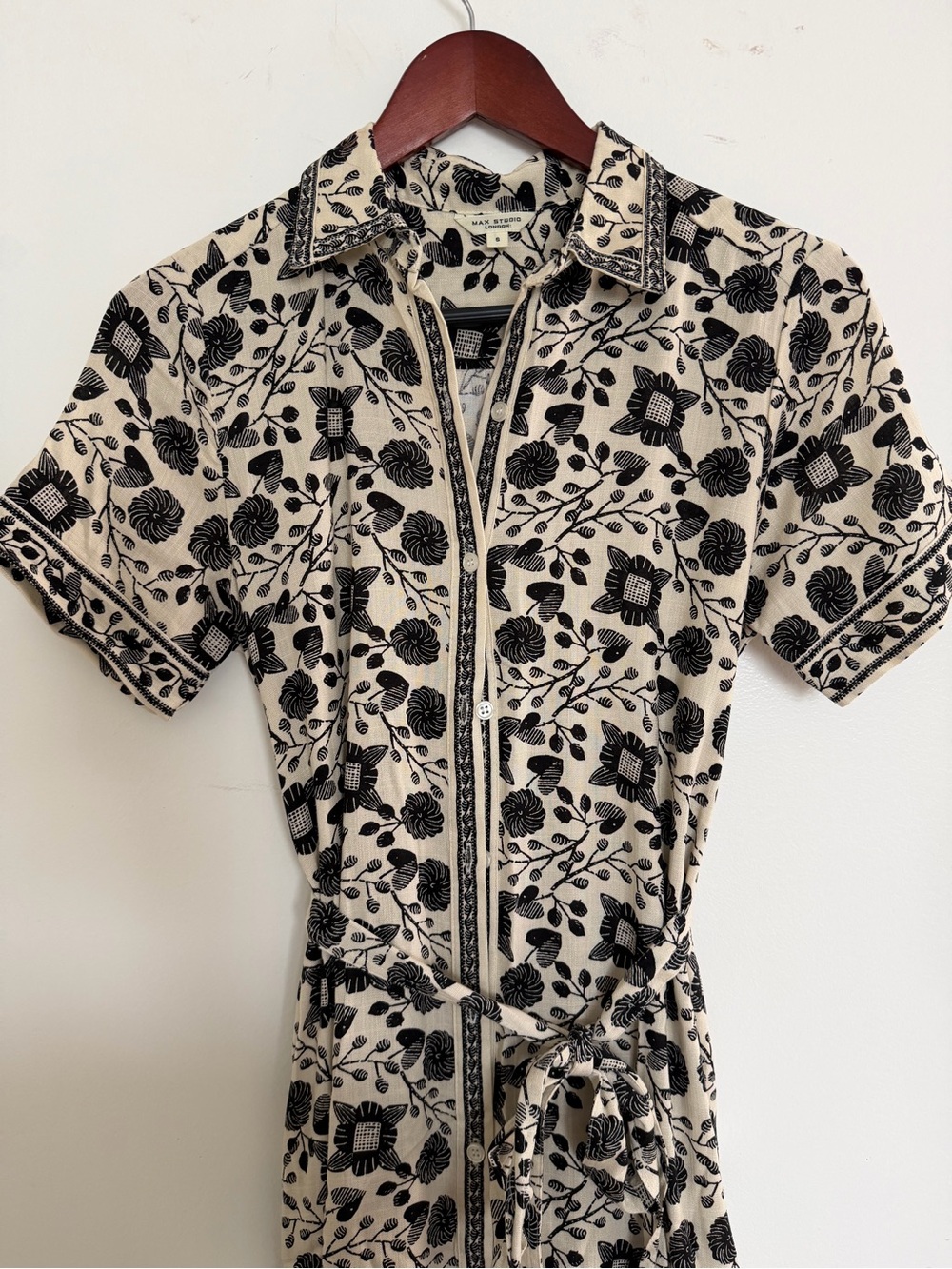 Max Studio beige and Black Floral button up -Front Dress